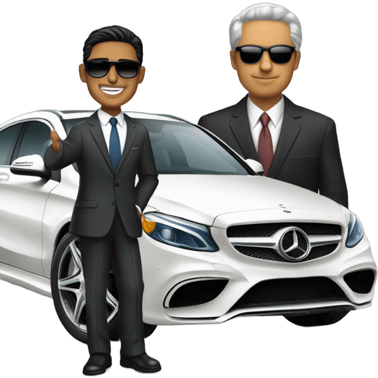 Latino Businessman with sunglasses standing in front of Mercedes emoji