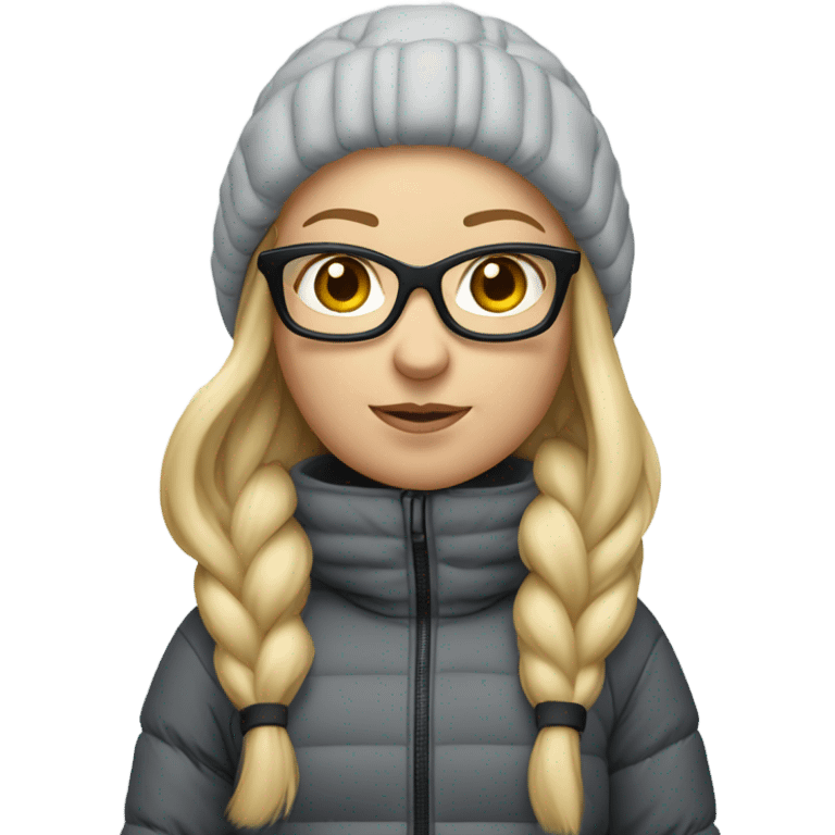 slightly chubby full body female skier with long straight blonde hair, glasses, grey snow jacket, black pants and black skis. no poles emoji