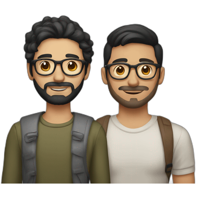 Gay couple of a 32 years old Colombian man with beard and, black hair and brown holding hand with a Vietnamese man, 21 years old, NO BEARD, with old style glasses emoji