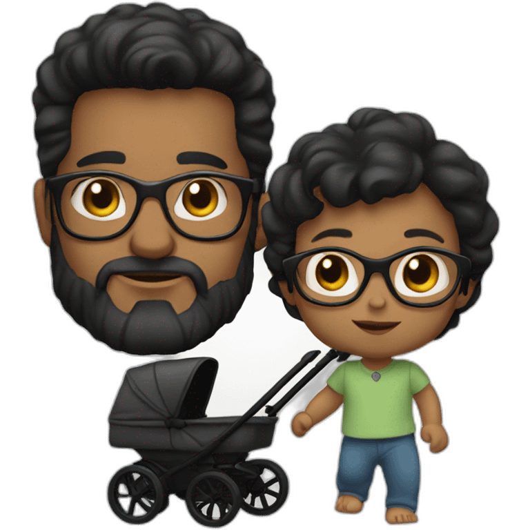 White man with Black hair,  beard and glasses pushing buggy with blonde baby emoji