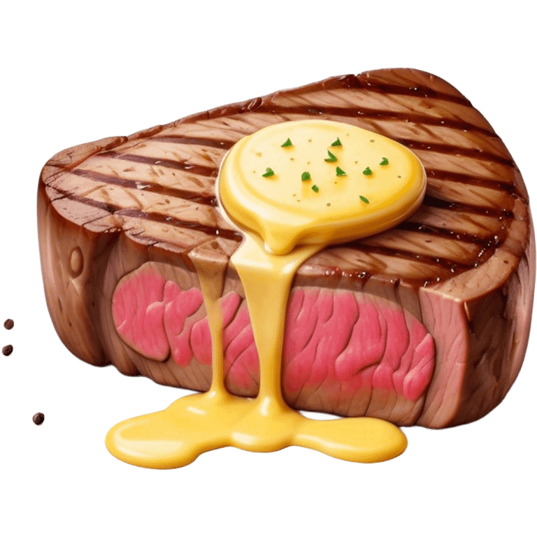 Cinematic thick-cut steak, perfectly seared with grill marks, a juicy pink center, butter melting on top, rich and savory, warm glow, sizzling and mouthwatering, highly detailed and appetizing. emoji