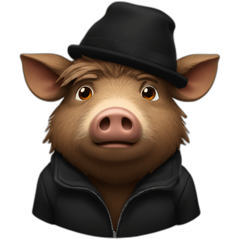 Really sad brown boar in a black winter hat and black jacket emoji