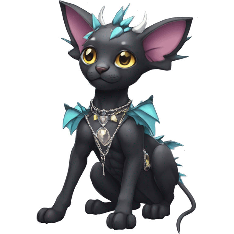 cool punk kawaii anime edgy distinguished elegant beautiful fantasy black ethereal nargacuga-bat-sphynx-Quiana-Fakemon collar harness jewels full body emoji