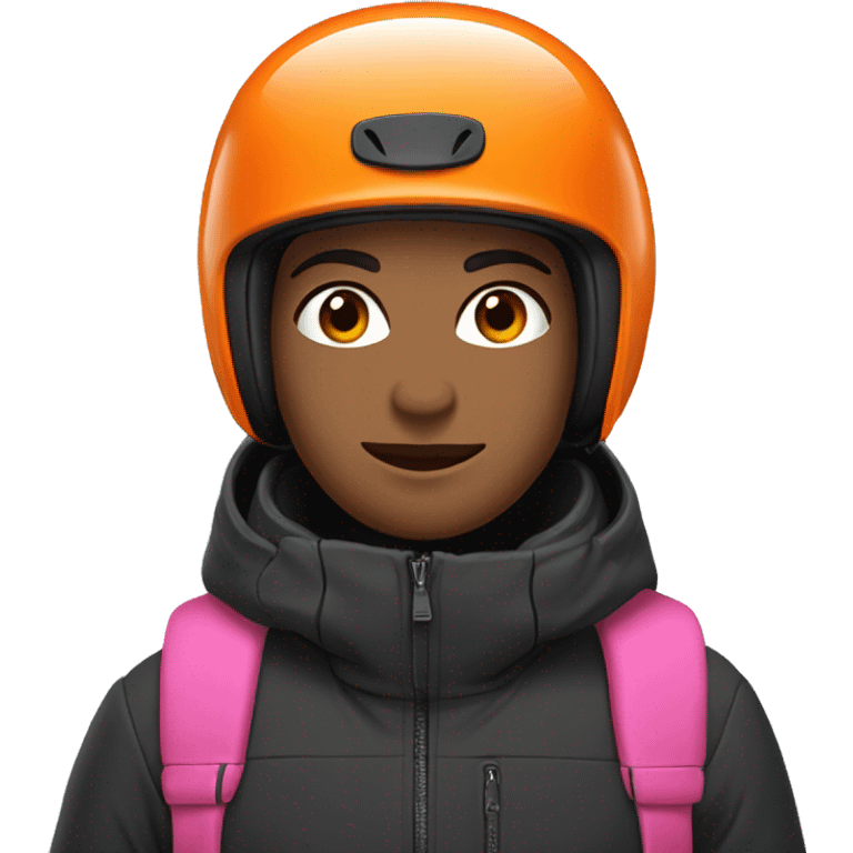 A brunette skier with brown snow pants, a black helmet, and a jacket with an orange body and pink sleeves emoji