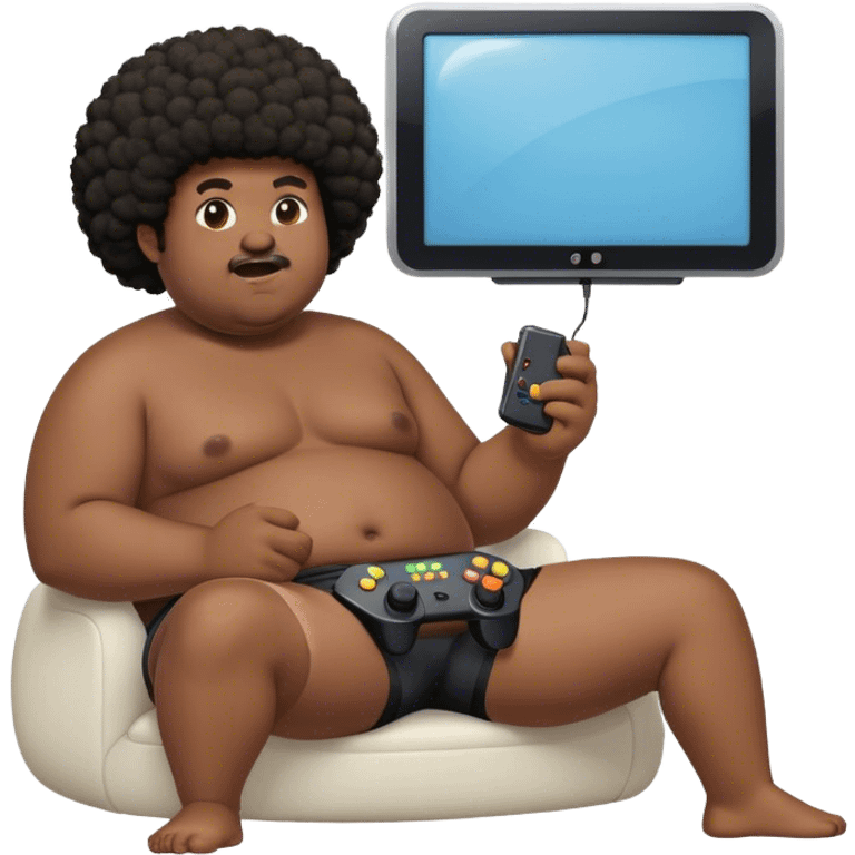 Chubby guy with afro wearing boxers playing video games emoji