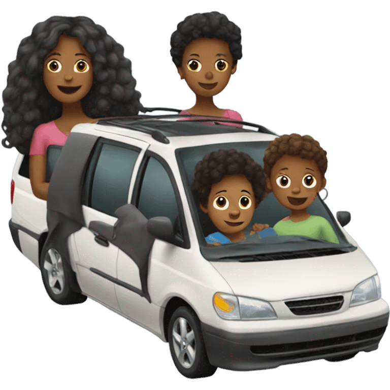 Minivan with black mom and three kids emoji