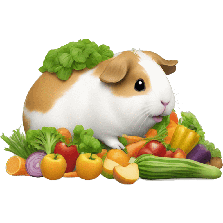 Guineapig eating a huge pile of veggies and fruit emoji