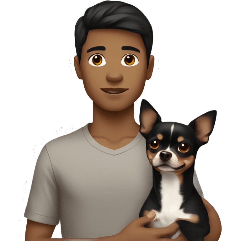 Boy with black hair and brown eye holding a black and brown chihuahua  emoji