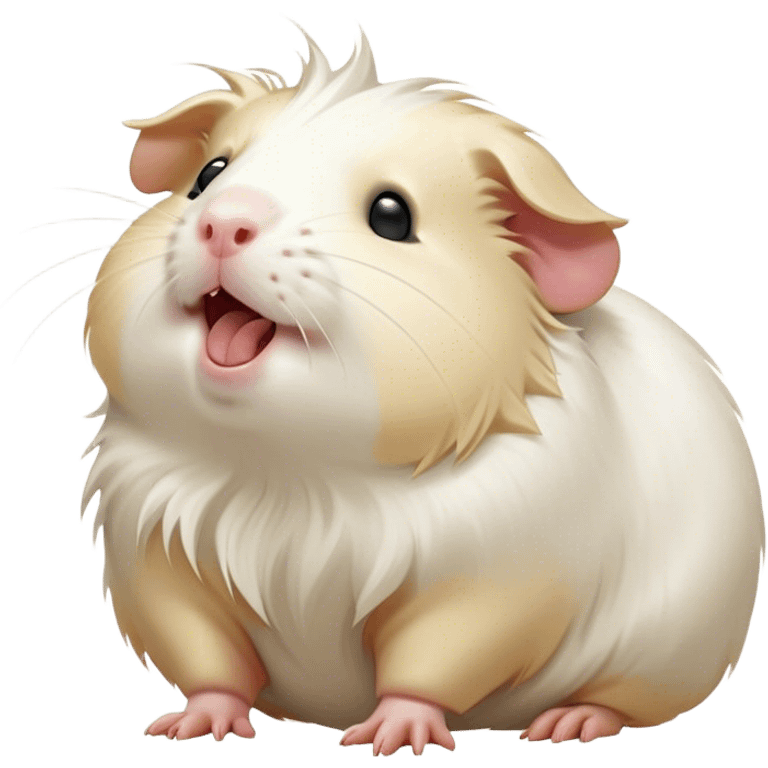 Cinematic Cute Yawning White Guinea Pig Portrait Emoji, Head tilted slightly with a dramatic, wide-open yawn, revealing a soft, downy white coat with tiny drooping ears, round dark eyes barely open in drowsy contentment, Simplified yet irresistibly adorable features, highly detailed, glowing with a soft, cozy glow, high shine, relaxed yet expressive, stylized with a touch of whimsy, bright and endearing, soft glowing outline, capturing the essence of a sleepy yet affectionate guinea pig, so drowsy it feels like it could stretch right out of the screen and curl up for a nap! emoji