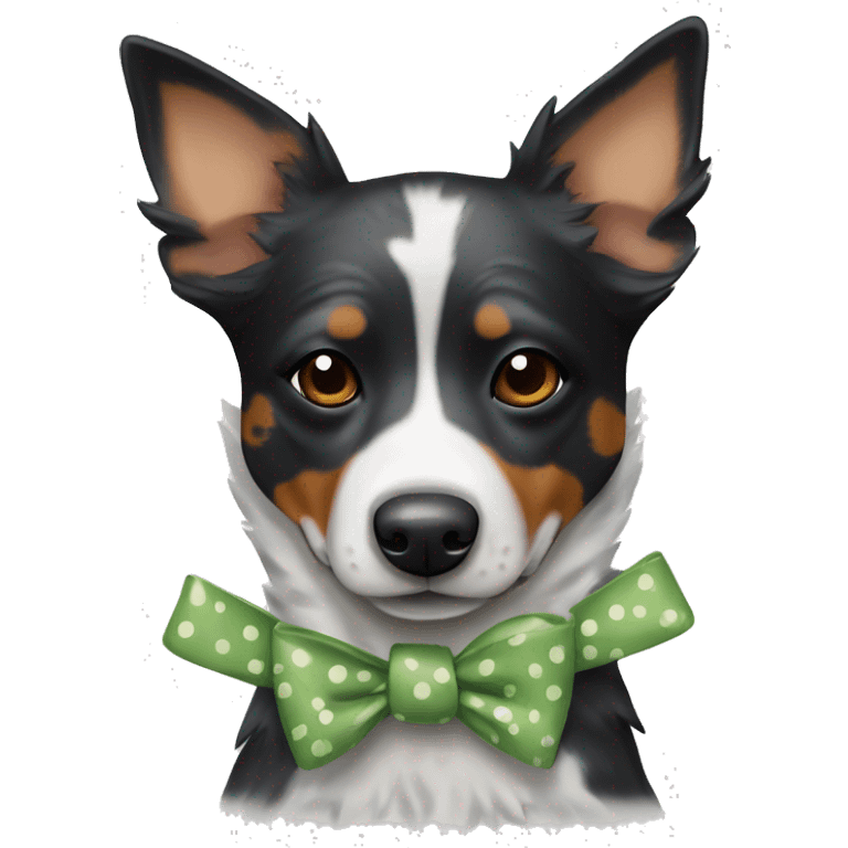 Black and white spotted Australian cattle dog, with bows emoji