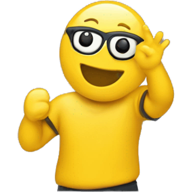 yellow degen wearing  up network written t-shirt, saying hi emoji