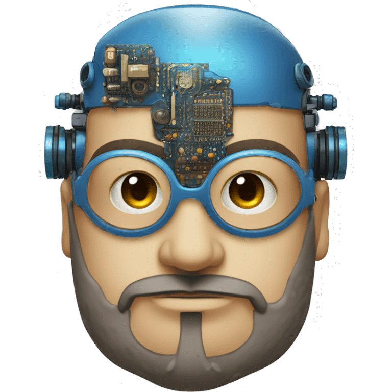 Bearded Fat bald cyborg head with tan skin, blue steampunk goggles and circuits emoji