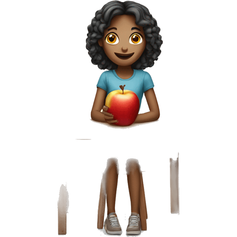 A girl on a table with an apple emoji