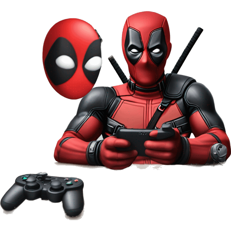 Deadpool holding controller sitting at a desk, front view emoji