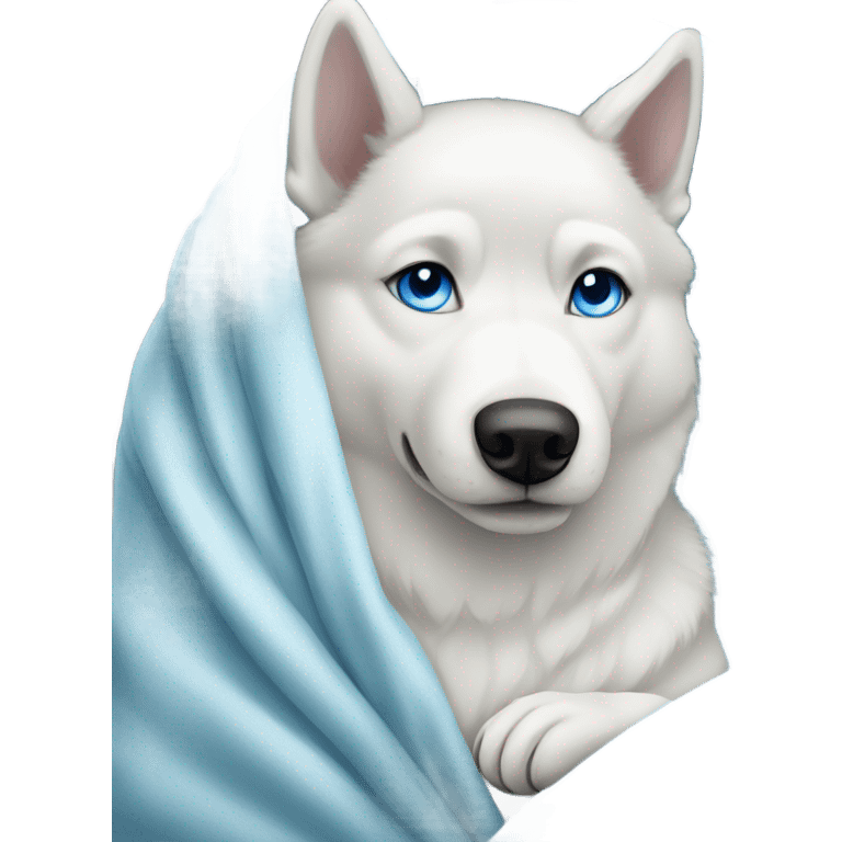 White husky with blue eyes wrapped in a blanket  emoji