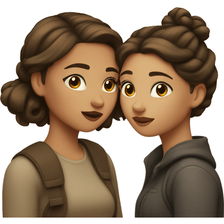 two girls are kissing, one of them has light skin and dark brown hair in a bun, the other has light skin and brown loose hair emoji