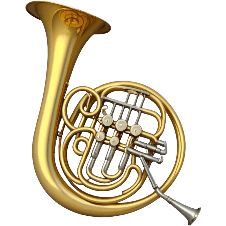 Create a refined and elegant emoji representing the Arnolds & Sons AHR-350 horn. The design should feature the instrument's beautifully coiled brass body with its distinct flared bell, showcasing the high-quality craftsmanship. Include delicate details like the tuning valves, finger buttons, and elegant brass finish. Add subtle musical notes around the horn to symbolize its melodic sound. Use warm golden and brass tones to convey the luxury and professional quality of the instrument. The background should be transparent emoji