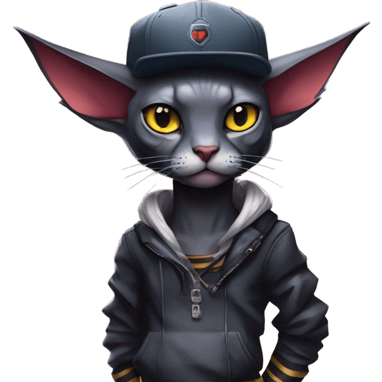 Cool Anthro Bat-Litten-Sphynx-Pokémon with edgy stripes collar punk techwear cool fiddler-hat Full Body emoji