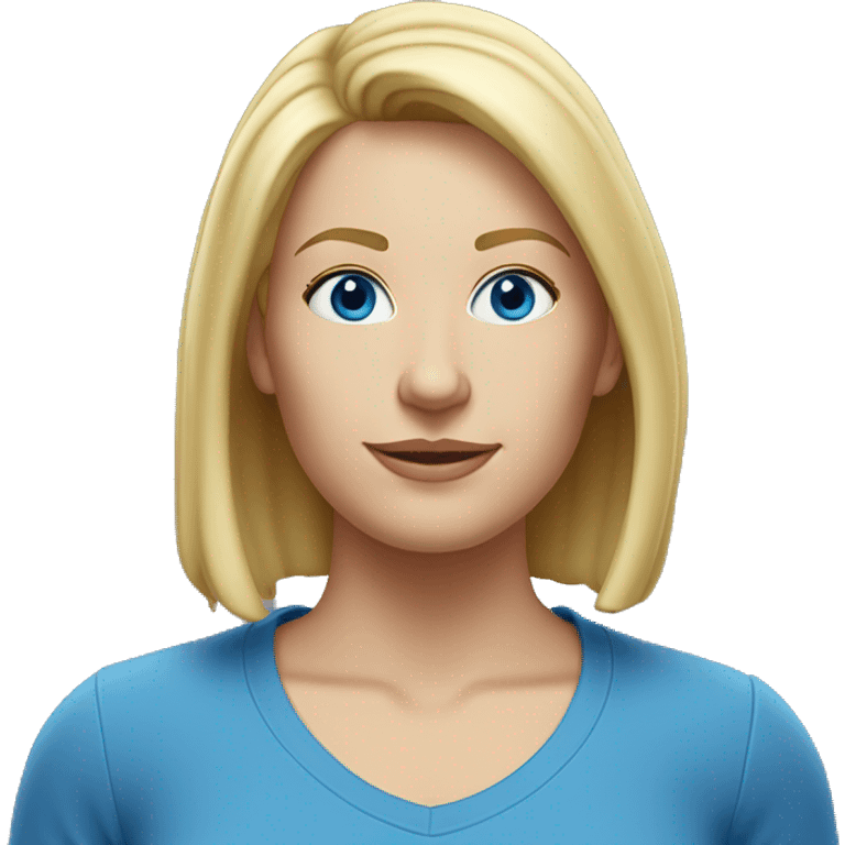 A head and shoulders shot of a 36 year old white woman, with straight blonde hair,   with blue eyes wearing a t-shirt. emoji