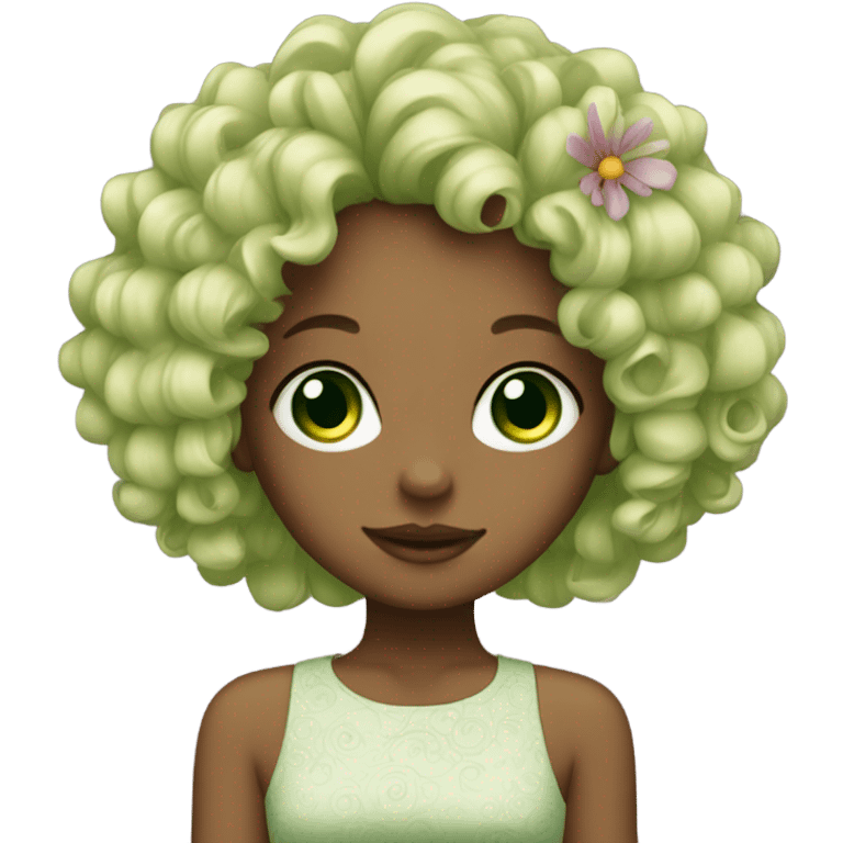 Curly girl with flower in hair green eyes  emoji