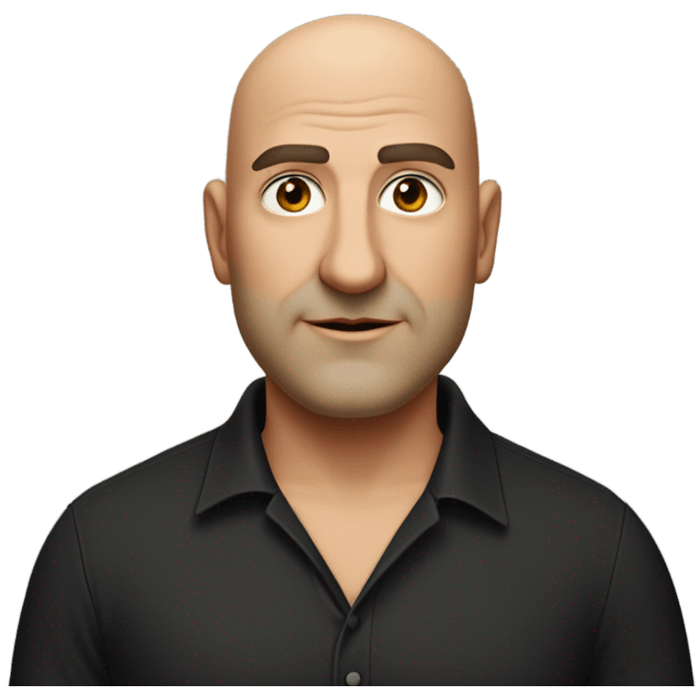 A slightly overweight middle-aged Italian man with olive-toned skin with bald hair and no facial hair. He is wearing a sleek black smart shirt, casually unbuttoned at the top. emoji