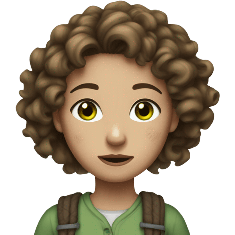 a girl with white skin, hair tied up, brown and curly and green eyes with clothes in bad condition and torn emoji