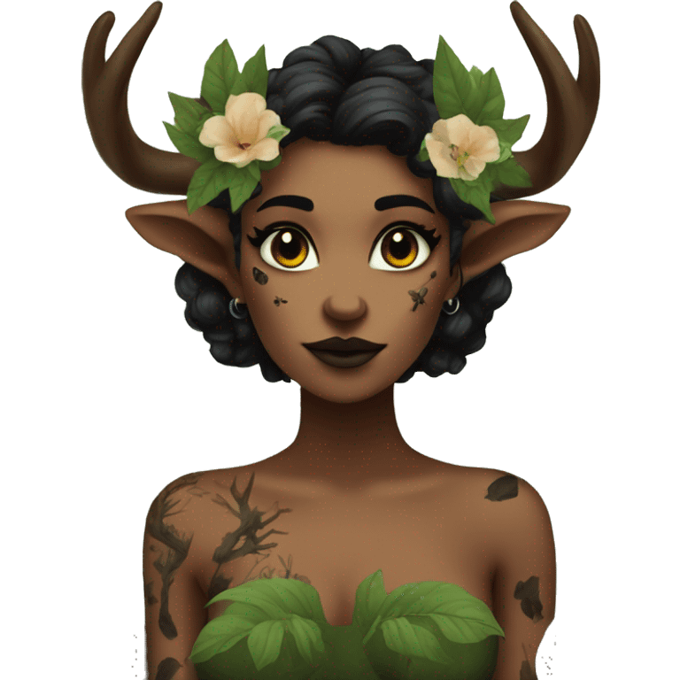 Forest Faun with deer horns and black flower tattoos, female, beautiful, desirable, logical emoji