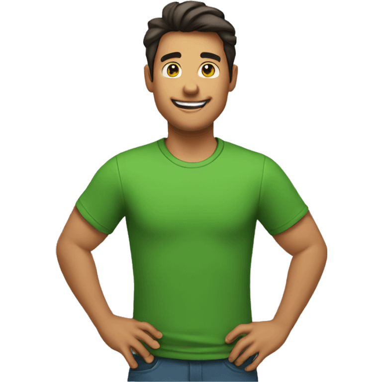 A man wearing a green t-shirt, smiles and puts his hand on his chest emoji