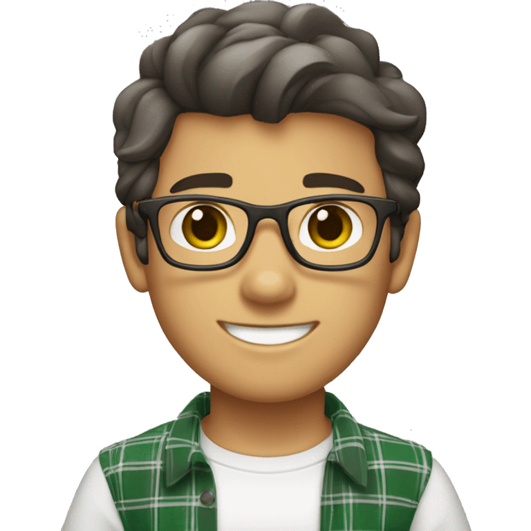 Draw a boy wearing glasses, a white t-shirt, a black and gray plaid shirt, smiling, white skin color, green eyes, and a nice hairstyle called “curtains” (dark hair). emoji