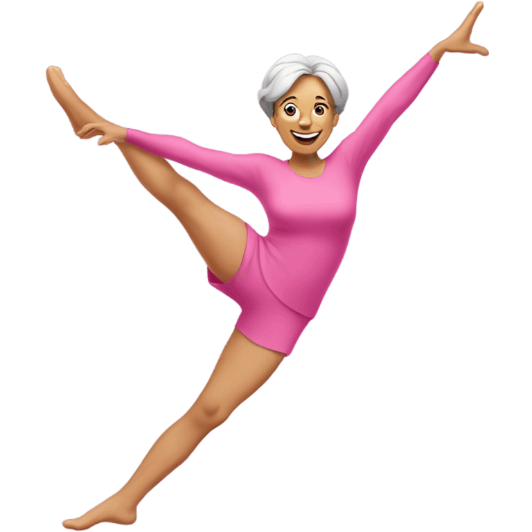 Middle aged lady wearing pink doing the splits emoji