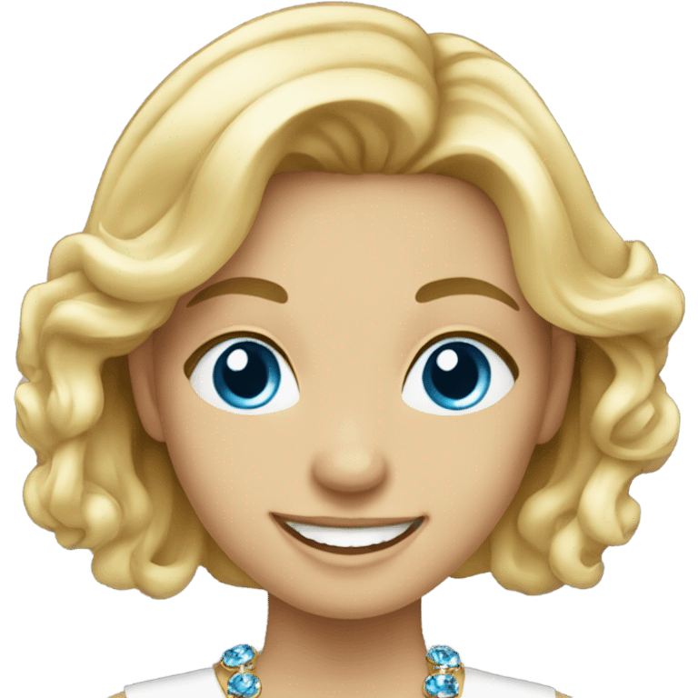 smiling blonde girl with jewelry with blue eyes emoji