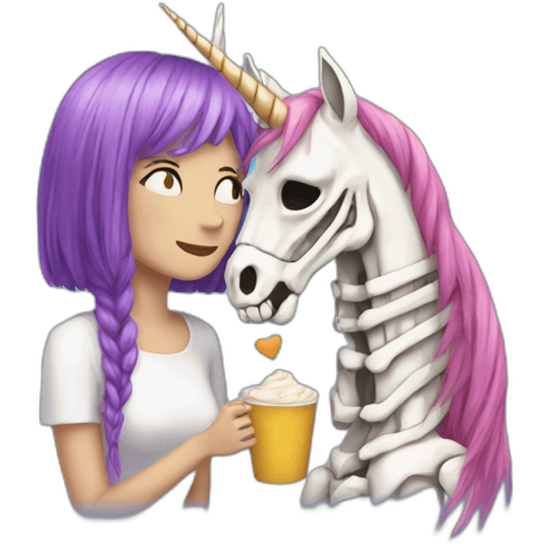 A unicorn with her friend thé skeleton emoji