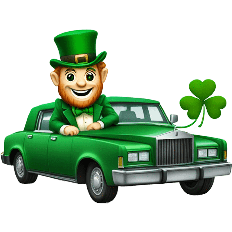 Leprechaun driving A Limo add a shamrock emoji