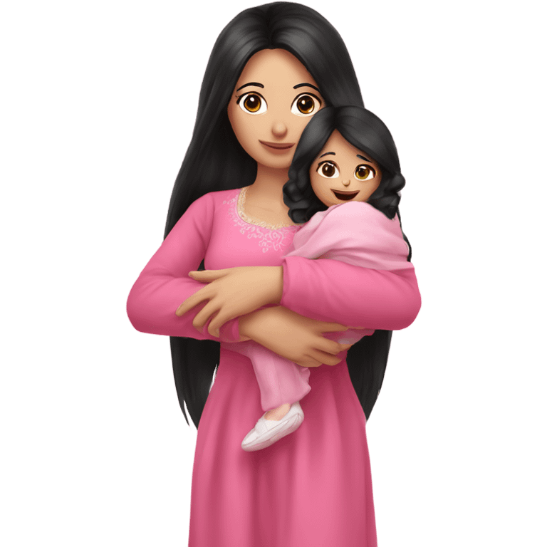 Beautiful Russian lady very long black hair pink clothes holding baby  emoji