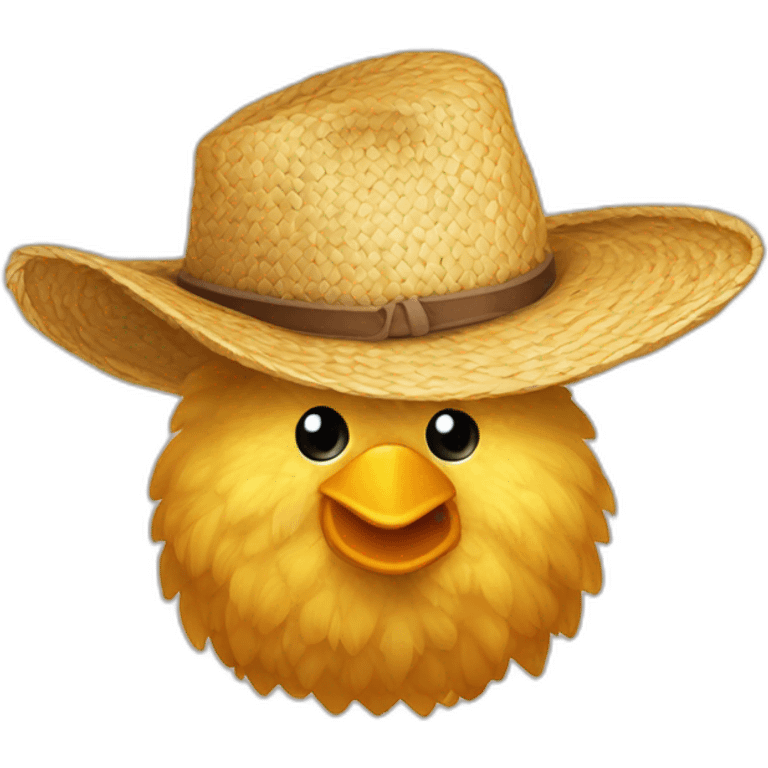 Un fermier avec un chapeau de paille qui porte un panier contenant un poulet emoji