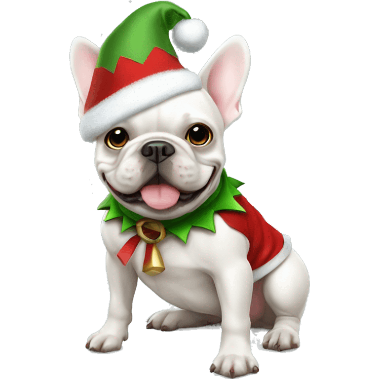 White French bulldog in Christmas elf costume emoji