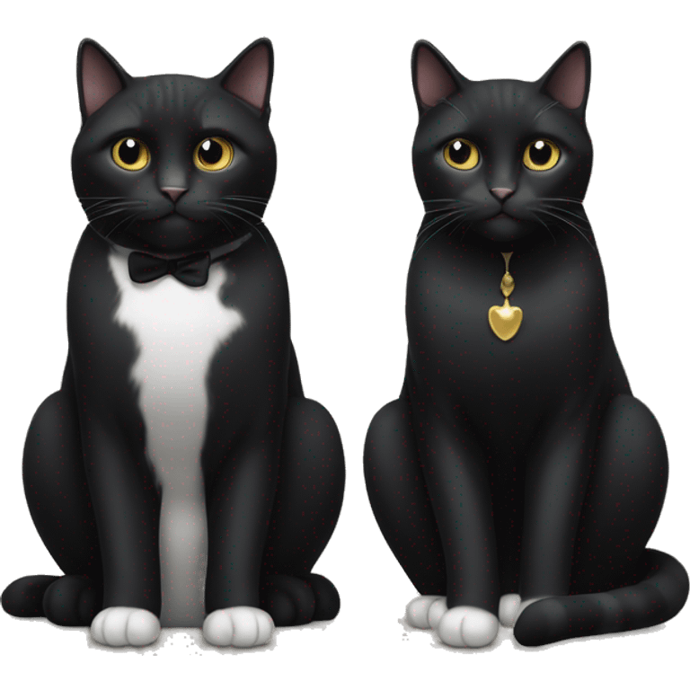 Two pet cats sitting together one is all black and larger than the other which is a tuxedo cat emoji