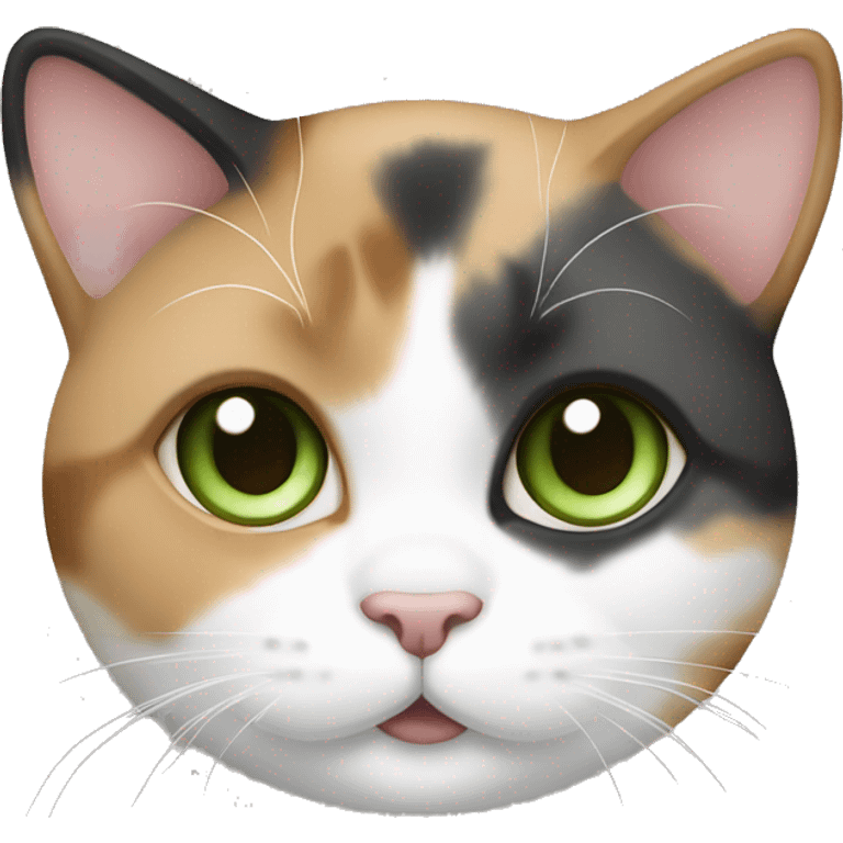 a chubby calico cat with tan, grey, and white markings and green eyes emoji