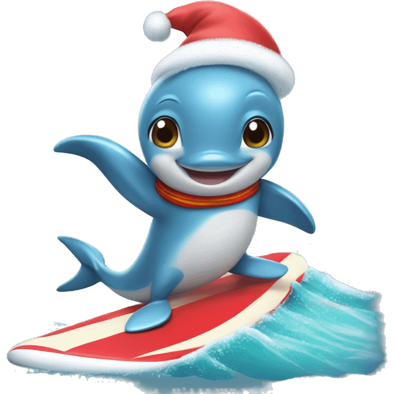 Dolphin riding a surfboard in a Christmas outfit   emoji