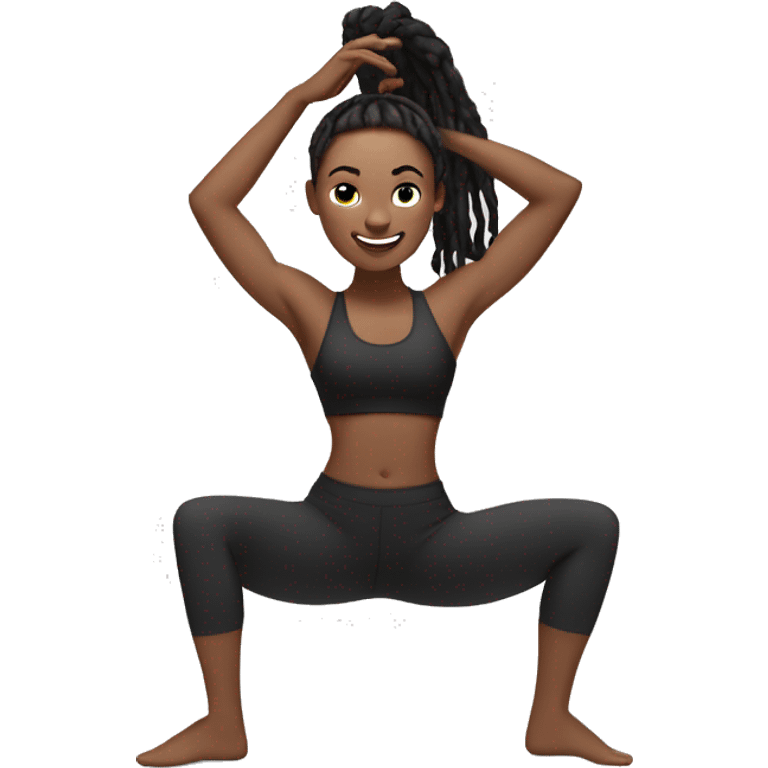 Medium skin toned Black woman with dreadlocks in a ponytail wearing black leggings and a sports bra in dancer yoga pose emoji