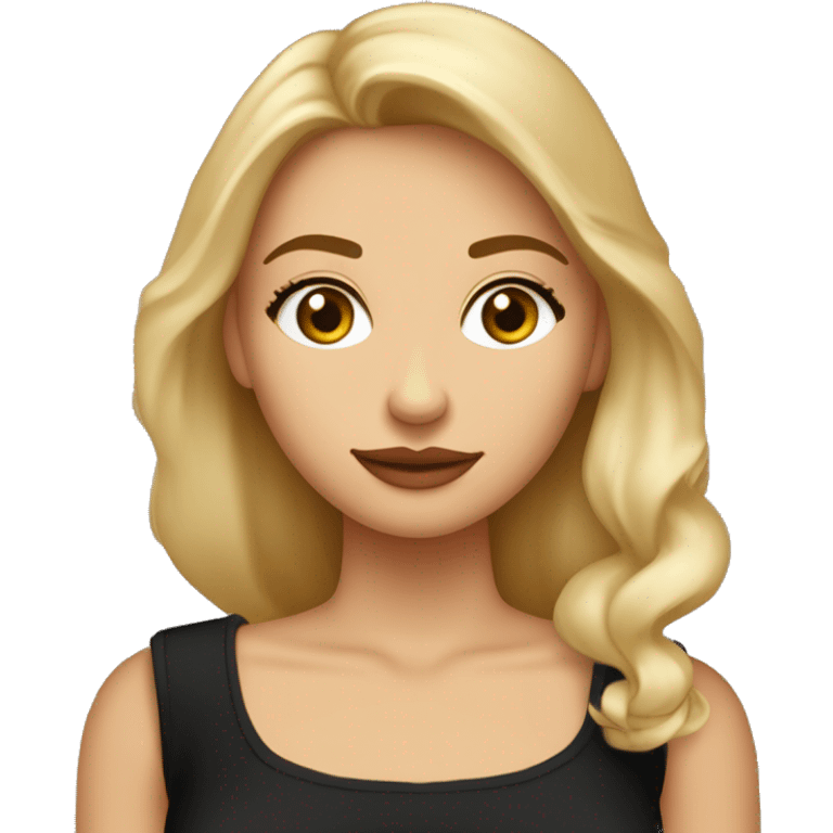 Mujer adolescente medio rubia mezclado con castaño clarito, ojos marrones clarito, labios ni finos ni gordos rositas claritos, de piel ni muy morena ni muy blanca, vestido negro, pendientes de aros pequeños dor emoji