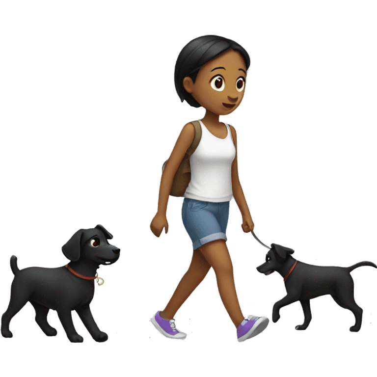 Girl walk with a black dog with white Chest emoji