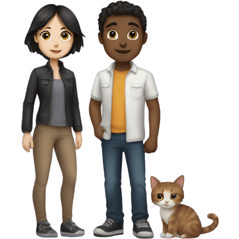 Brunette girl and dark haired boy with their cat emoji