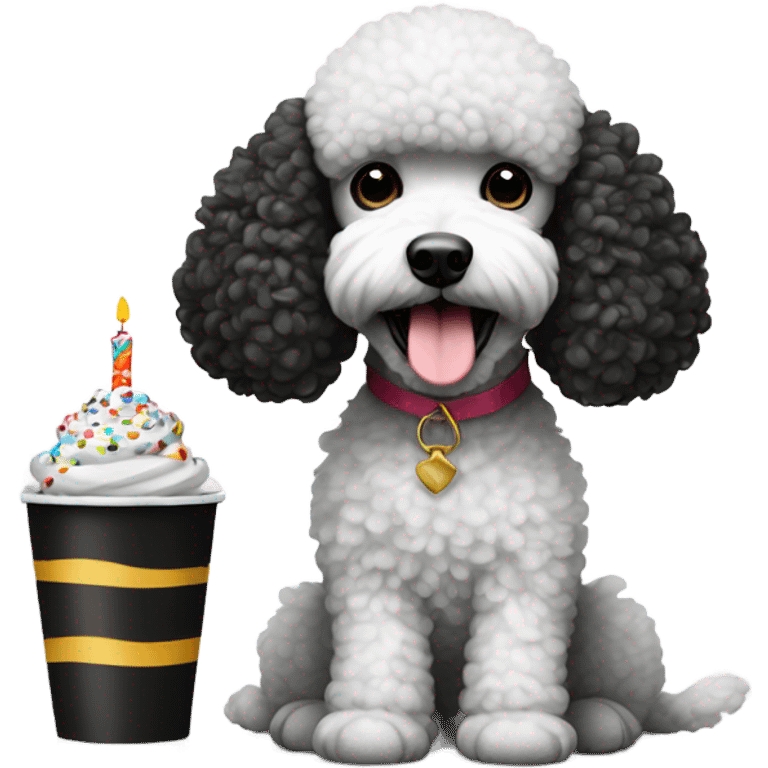 Black and white poodle with birthday cup emoji