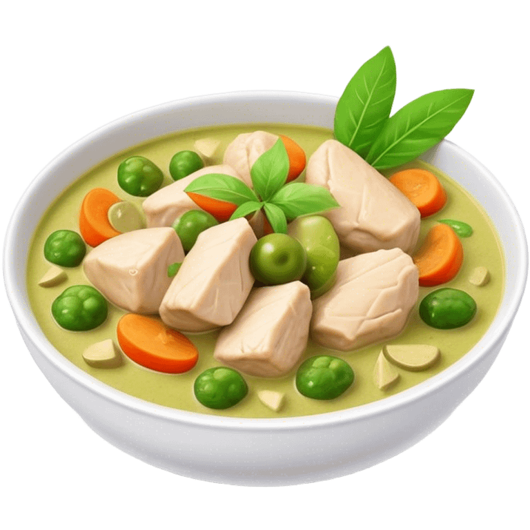 Green Chicken Curry Cinematic Realistic Green Chicken Curry Dish Emoji, depicted as tender chicken chunks simmered in a fragrant green curry sauce with vegetables, rendered with vivid textures and dynamic, vibrant lighting. emoji