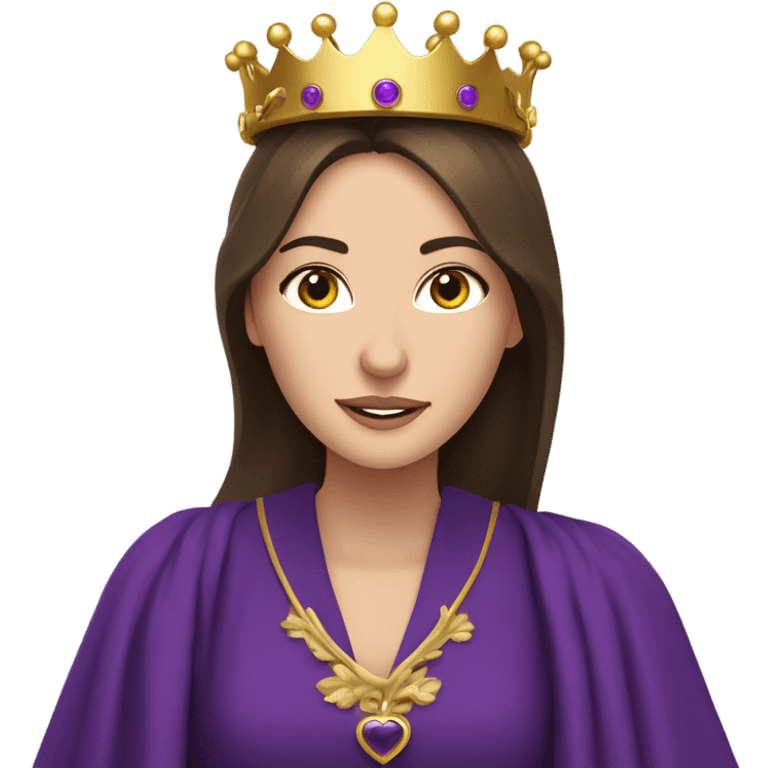 Caucasian long brunette woman wearing formal royal purple robes and a crown whose face shows loave and adoration to the man she adores  emoji