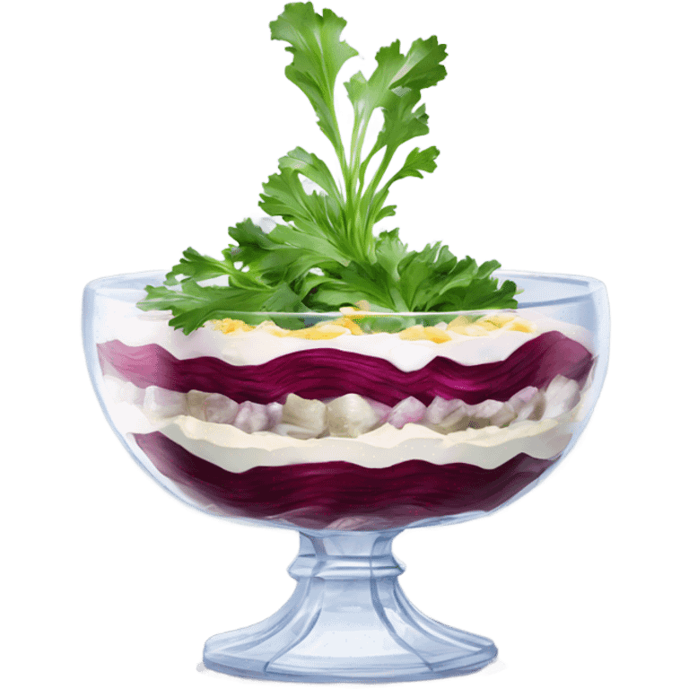 Shuba russian Layered Beet dish  with Herring and mayonnaise in Crystal bowl  emoji