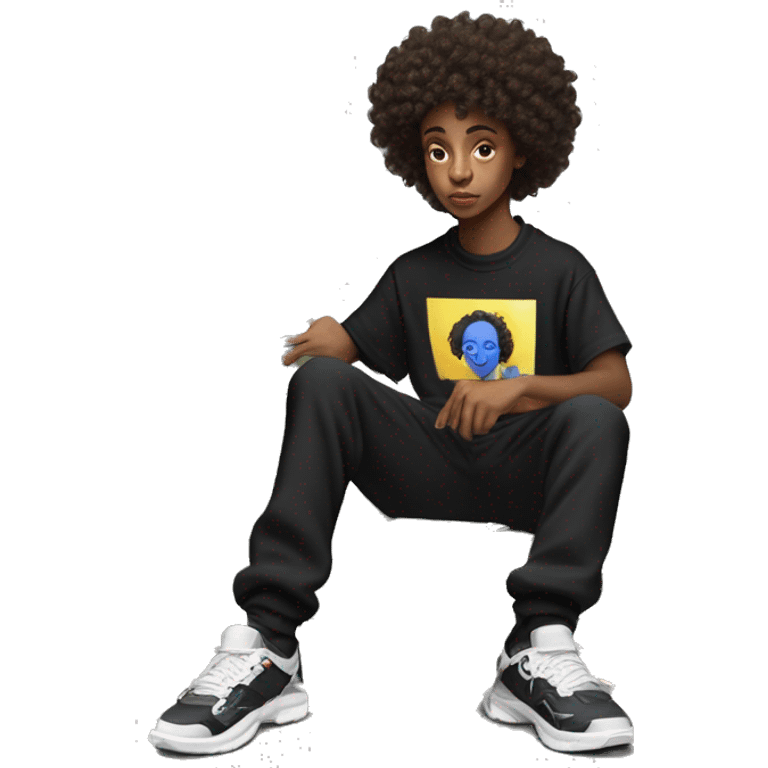 Curlyhead teenager doing a money spread with €50 bills wearing a gallery dept flared sweat pant with gallery dept T-shirt and balenciaga track shoes in black emoji