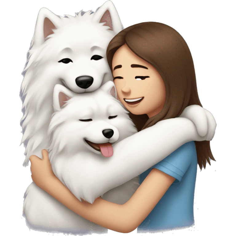 Girl with brown long hair hugging a boy samoyed and girl samoyed emoji