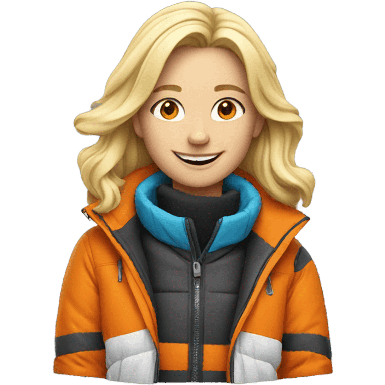 smiling blonde in ski  jacket like in the emoji with the orange vest. emoji